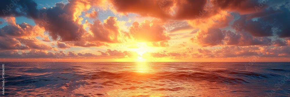 Panoramic horizontal banner of sunset over calm ocean water.