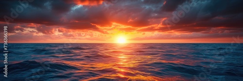 Panoramic horizontal banner of sunset over calm ocean water. © Barosanu