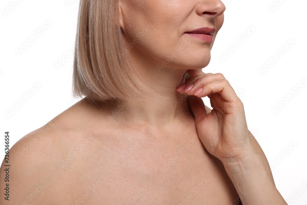 Woman touching her neck on white background, closeup Woman touching her neck on white background, closeup