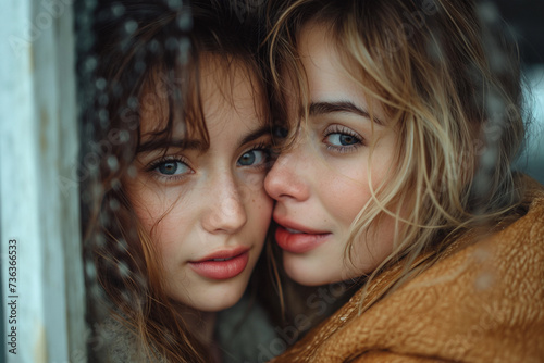 Female friends rubbing nose to each other while standing at doorway