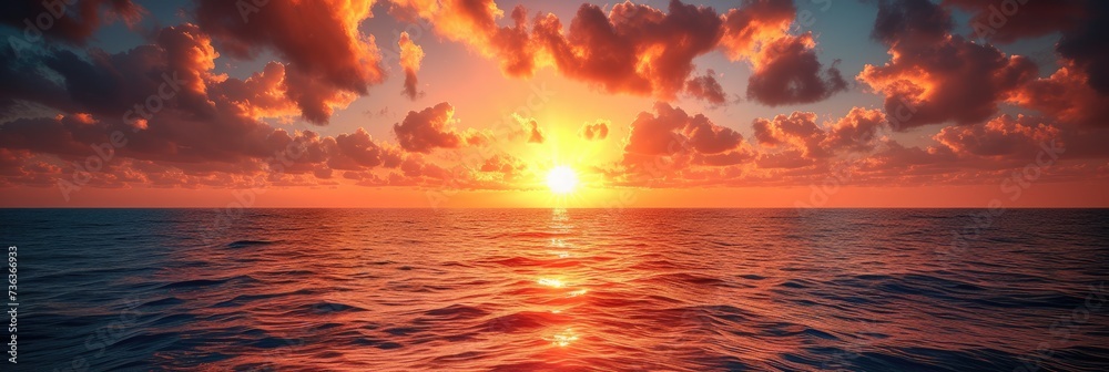 Panoramic horizontal banner of sunset over calm ocean water.