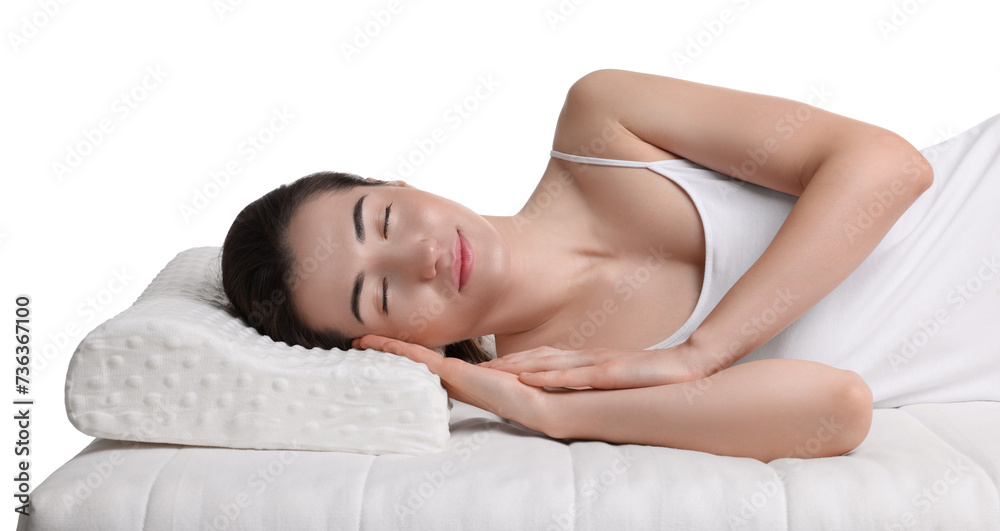 Woman sleeping on orthopedic pillow against white background Woman sleeping on orthopedic pillow against white background