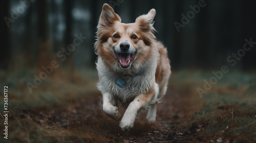 dog running in a forest tongue outside