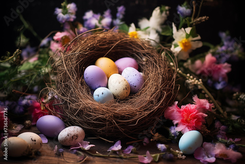 Osternest mit bunten Eiern, Ostereier Suche an Ostern, ein warmes Osterfest im Frühling, Ostern in der Natur
