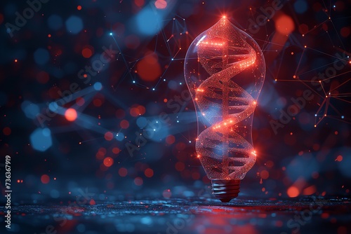 A red glowing DNA in a technological dark backdrop with a big empty space for text, Generative AI.