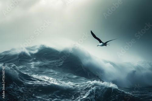 A storm petrel gracefully gliding above turbulent waves during a storm