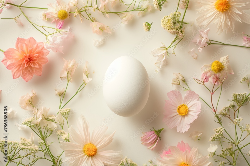 Obraz premium An Easter egg beautifully surrounded by different wildflowers. Beauty natural easter background in pastel color, fashion, minimal
