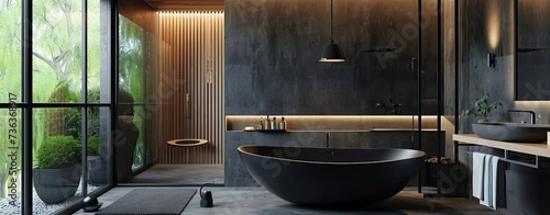 Bathroom luxury interior design with matte black bath and modern shower photo