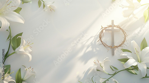 Easter concept, Wooden cross, crown of thorns and blooming lilies on a light background. Postcard template for the religious Great Holiday of Holy Easter