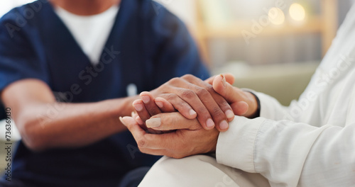 Empathy, closeup and nurse holding hands with woman for consulting with kindness, comfort or support. Sorry, understanding and health specialist with patient in consultation room, solidarity or hope photo