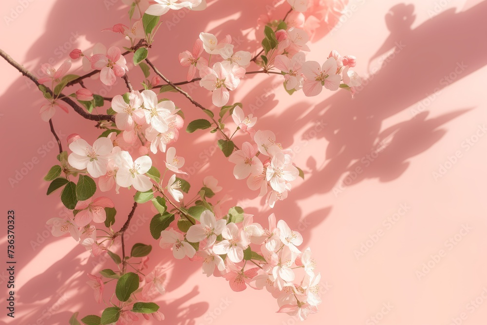 Delicate blooming branches of an apple tree in the sun's rays on a pink background. Spring background, Easter, copy space, banner