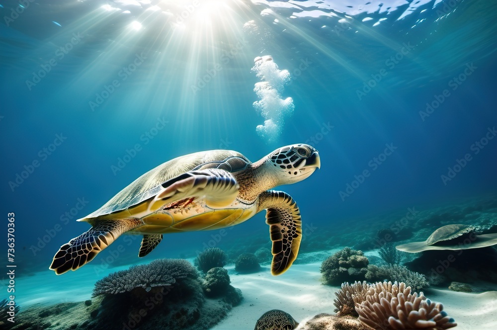 Obraz premium A large sea turtle swims underwater in the sea, ocean.