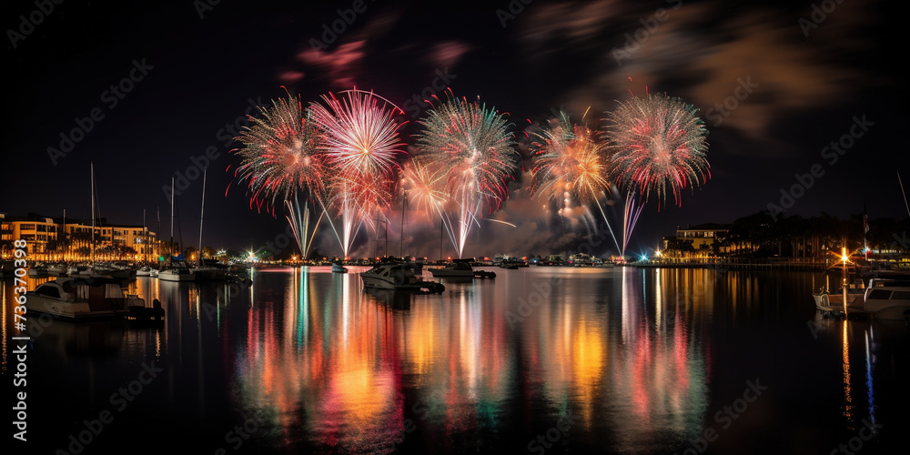Obraz premium Amazing Fireworks In The Night Sky, Celebration Of New Year