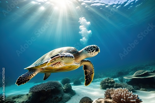 A large sea turtle swims underwater in the sea, ocean.