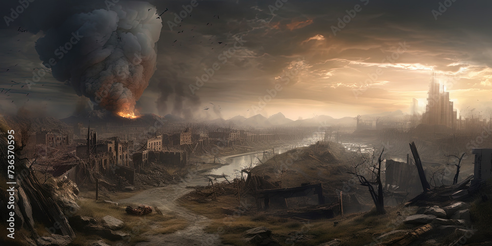 Post-Apocalyptic World After A Global War Depicts A Destroyed City - obrazy, fototapety, plakaty 