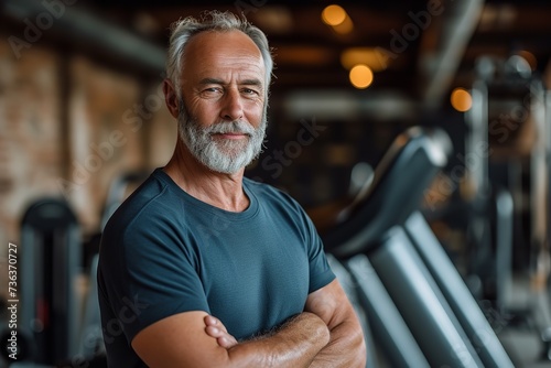 A robust and well-built elderly man in the gym, content with his long life and space, Generative AI.