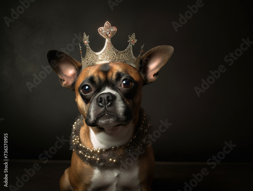 Dog In Carnival Crown Sits On Blurred Background Of Living Room