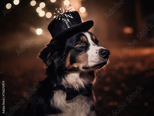 Carnival Hat Wearing Dog Sits Against Blurred Living Room Background
