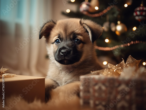 Puppy Sits Near Christmas Tree With Gifts In Room