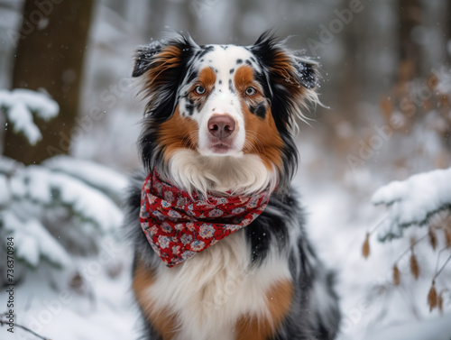 Cute Dog Sits In Winter Forest Wearing Scarf