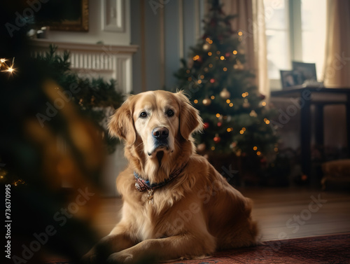 Dog Sits In Room Decorated For Christmas