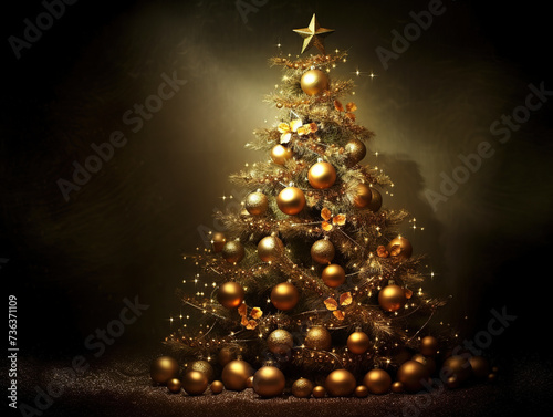 Magnificent Decorated Christmas Tree With Golden Balls And Star Shines Brightly On Black Background