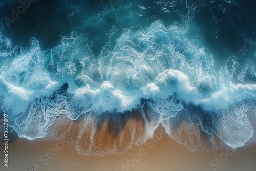 Nature's powerful force of water collides with the shore, as waves crash on the sandy beach, creating a mesmerizing and serene outdoor scene by the vast ocean