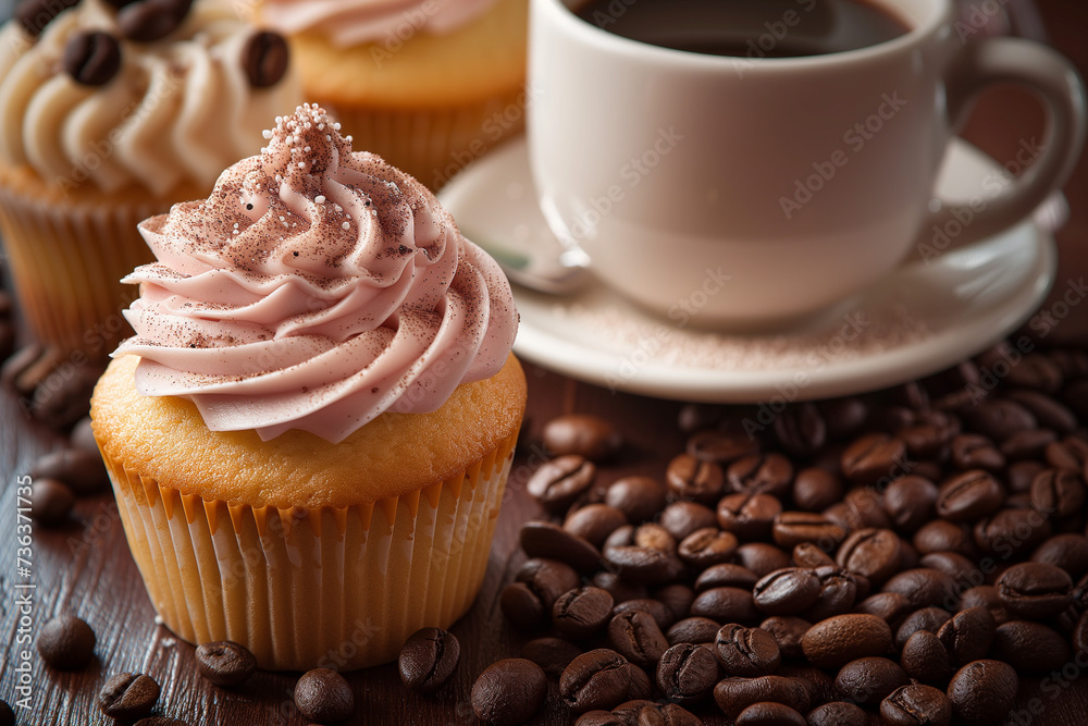 Cupcake with frosting, with coffee beans around and a cup of coffee in the background Cupcake with frosting, with coffee beans around and a cup of coffee in the background