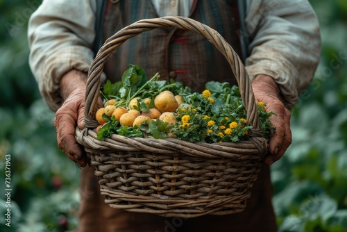 A person carrying a rustic basket filled with fresh, vibrant produce from the local market, evoking feelings of wholesome, plant-based nutrition and the joy of outdoor picnics