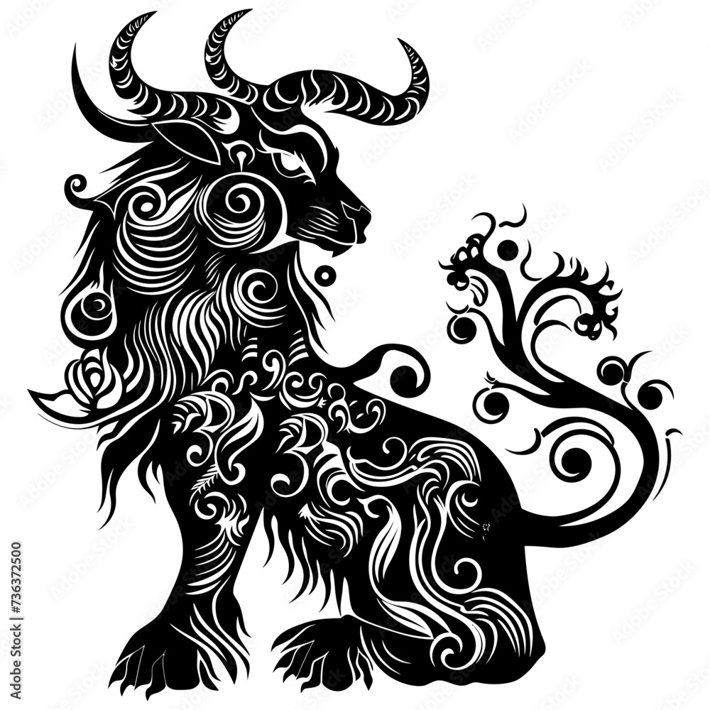 Silhouette Xiezhi or haetae the Mythical Creature ancient beast black color only Silhouette Xiezhi or haetae the Mythical Creature ancient beast black color only