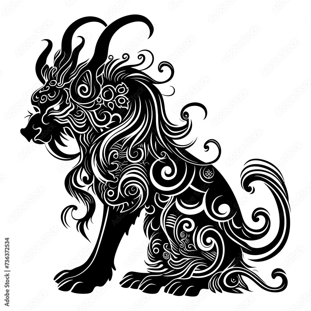 Fototapeta premium Silhouette Xiezhi or haetae the Mythical Creature ancient beast black color only