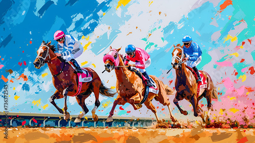 racing horses competing others. Hippodrome. Racetrack. Equestrian. Derby. Horse sport. Watercolor painting, racing competition drawing, watercolor painting, Abstract colorful background, ai generated 