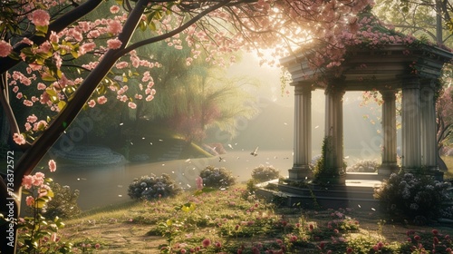Wander through a sunlit garden adorned with delicate blossoms, where a peaceful gazebo serves as the sacred setting for the celebration of Comunione.