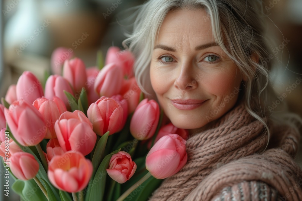 Portrait of a beautiful gray-haired adult woman with a bouquet of pink tulips. Happy woman accepting congratulations on Women's Day, March 8, Mother's Day, holding a bouquet of flowers Portrait of a beautiful gray-haired adult woman with a bouquet of pink tulips. Happy woman accepting congratulations on Women's Day, March 8, Mother's Day, holding a bouquet of flowers