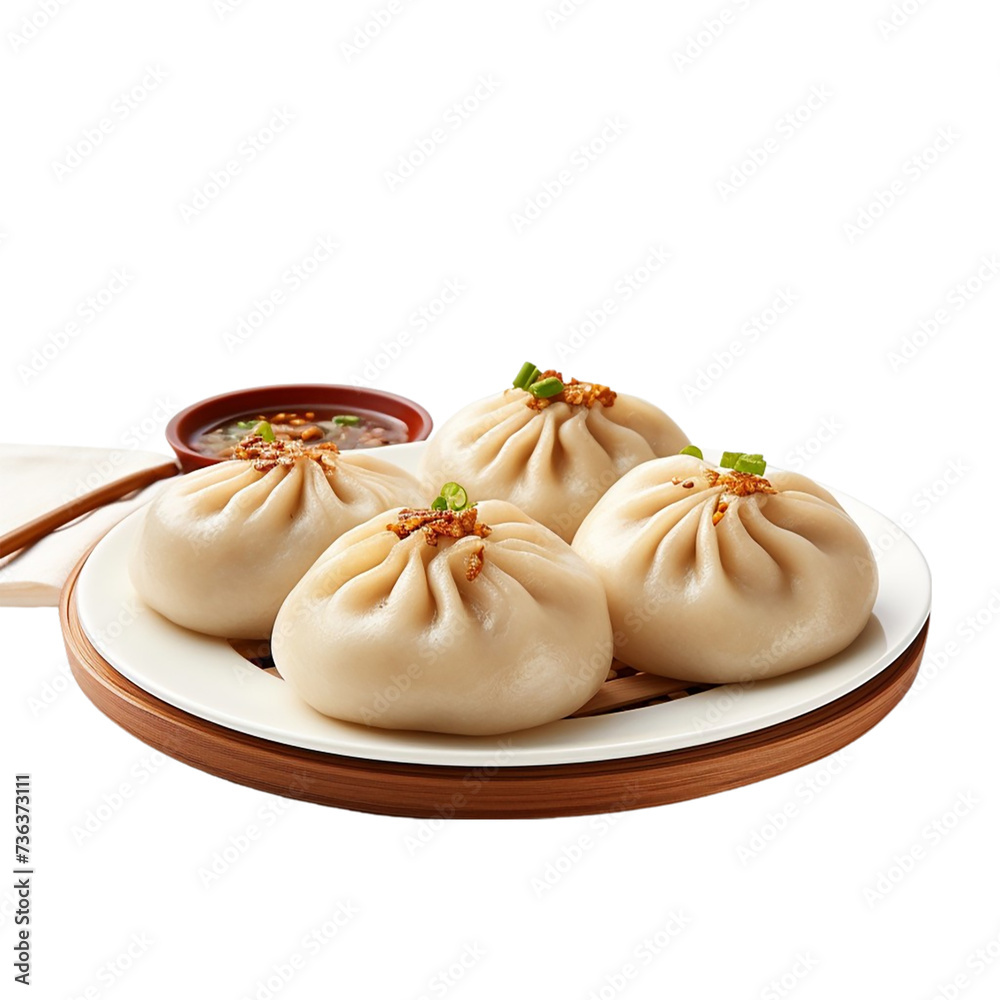 Steamed dumplings on a plate isolated on transparent background.