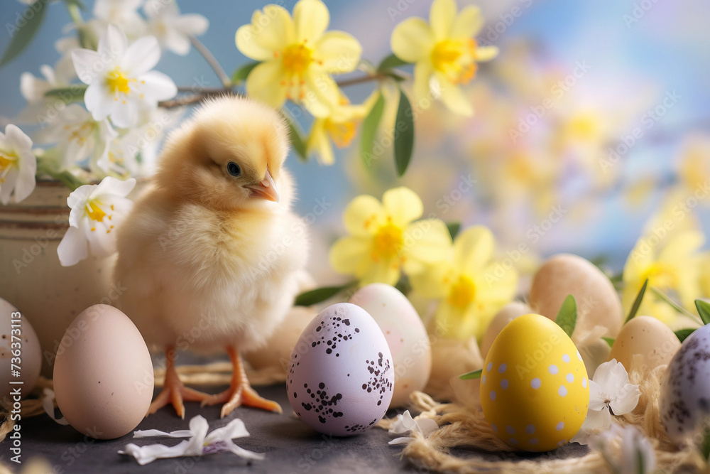 cute chiken and easter egg with spring flowers. Adorable small bird on spring background. Can used for easter holiday card. Celebration design. 