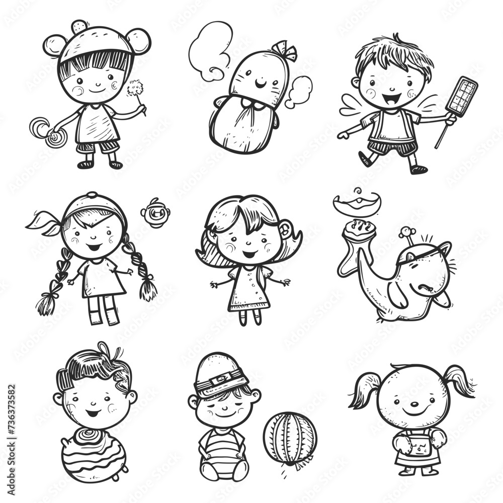well hand drawing kids set doodle style illustration well hand drawing kids set doodle style illustration