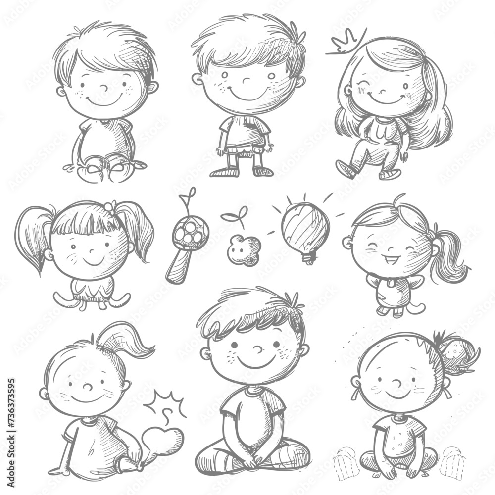 well hand drawing kids set doodle style illustration