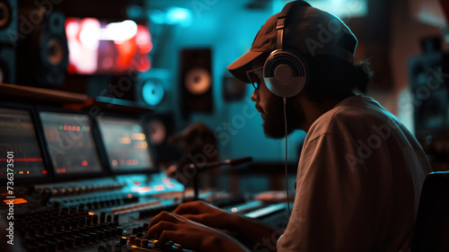 Man at a mixing console in a studio, wearing headphones representing music production, creativity, focus and technology.