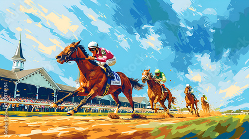 racing horses competing others. Hippodrome. Racetrack. Equestrian. Derby. Horse sport. Watercolor painting, racing competition drawing, watercolor painting, Abstract colorful background, ai generated  photo