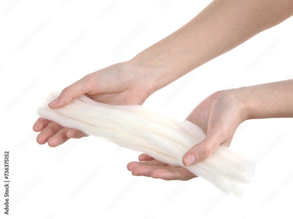 Woman holding felting wool on white background, closeup Woman holding felting wool on white background, closeup