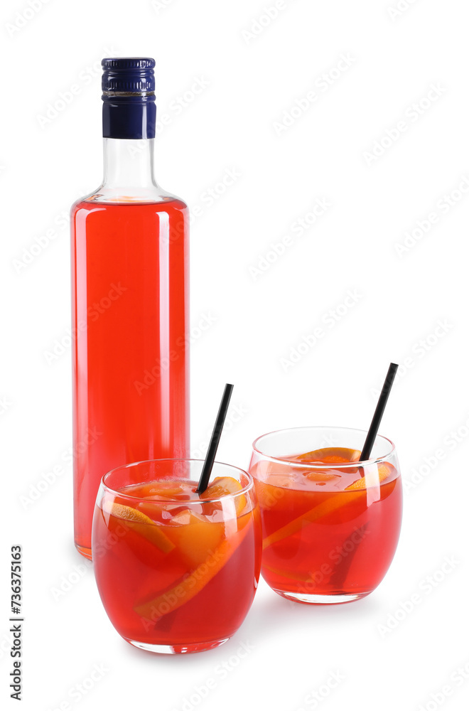 Aperol spritz cocktail, straws and orange slices in glasses isolated on white Aperol spritz cocktail, straws and orange slices in glasses isolated on white