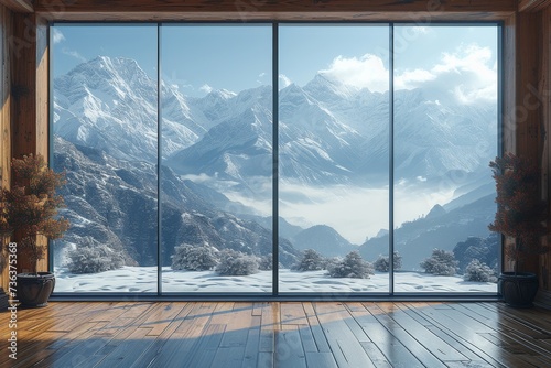 A cozy indoor retreat offers stunning views of the majestic snowy mountains, with wispy clouds dancing across the vast sky and reflecting in the expansive windows