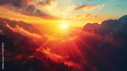 Fantasy stunning nature scence,beautiful mountain view in golden hour ,sunrise or sunset with golden light ,abstract background . © Piyaporn