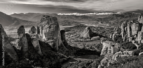 Aerial view of Roussanou monastery (St. Barbara), Meteora, Trikala, Thessaly, Greece. photo