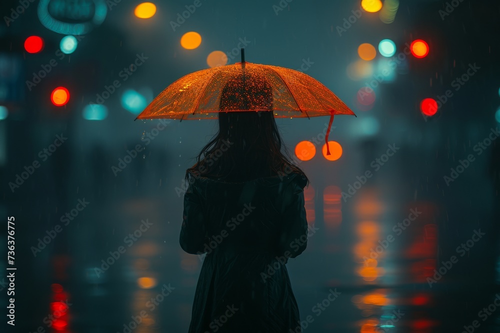A lone woman braves the dark and rainy streets, her only light an umbrella held tightly in hand