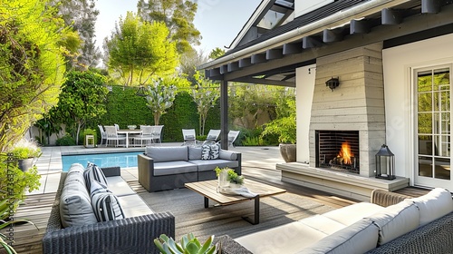 Cozy backyard or patio area with garden furniture, swimming pool and outdoor fireplace © neirfy