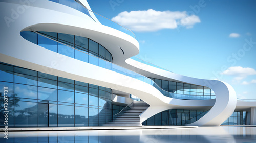 Abstract architecture scene with smooth curves. Abstract background with futuristic building in white and blue colors.