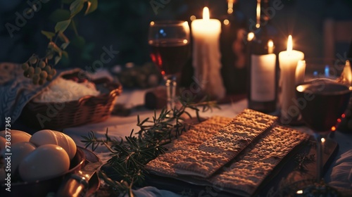 Witness a majestic tableau of ancient symbols illuminated by the soft glow of candlelight, as the Passover Seder unfolds with reverence and tradition. photo