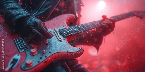 A passionate guitarist strums a fiery red electric guitar, filling the concert hall with the sweet sound of music